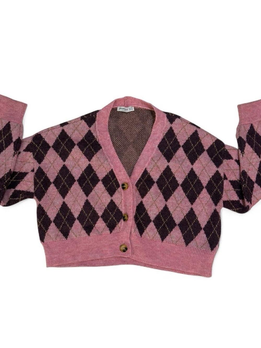 stradivarius Pink Argyle Cropped Cardigan with Dark Accent